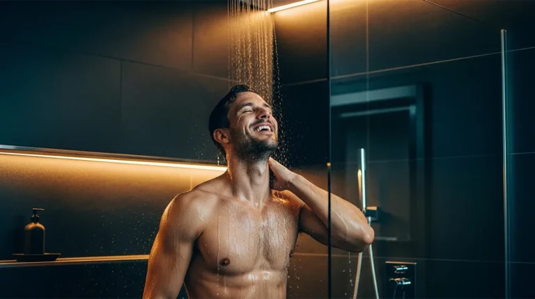 A man smiles as he enjoys a refreshing cold shower, symbolizing the health and energy benefits of cold showers
