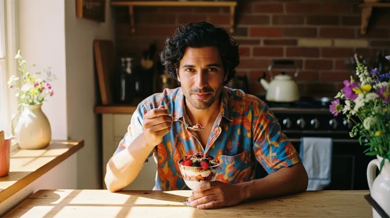 A man enjoying a healthy sugar-free dessert with fresh berries at home, as he masters how to stop eating sugar.