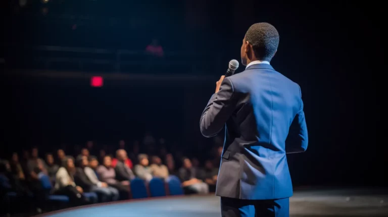 Man delivering a presentation, showcasing mastery of how to memorize a speech for public speaking.