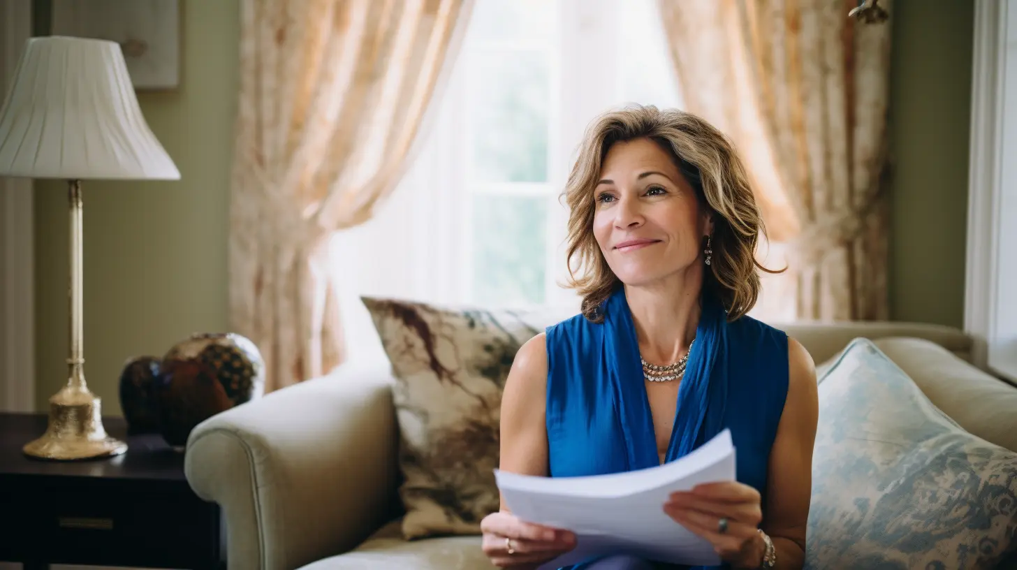 Woman studying techniques on how to memorize a speech while reviewing notes in a cozy living room.