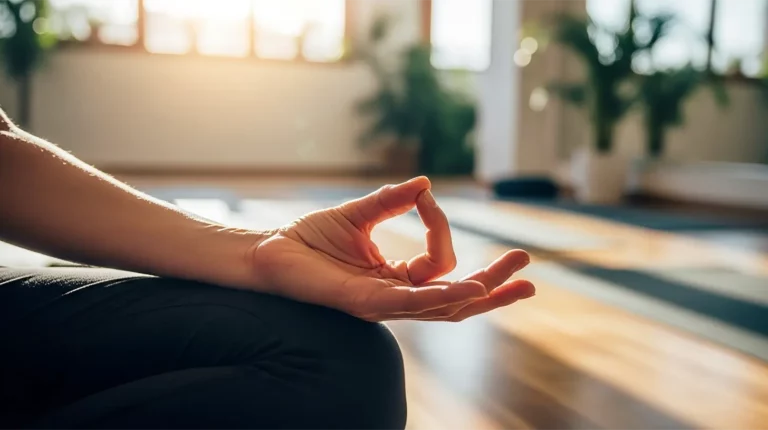 Close-up of a person practicing the gyan mudra (a popular yoga mudra) during meditation in a sunlit studio.