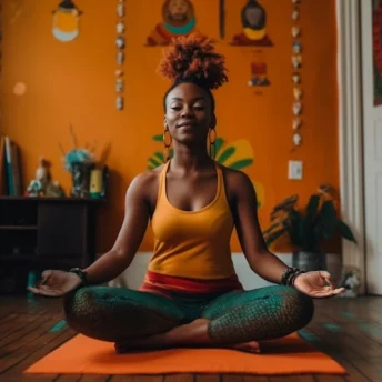 Woman meditating with one of the mudras pose on a yoga mat in a living room