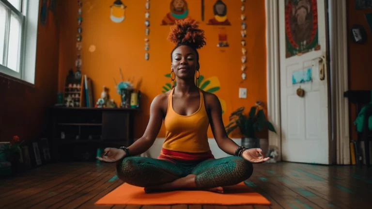 Woman meditating with one of the mudras pose on a yoga mat in a living room