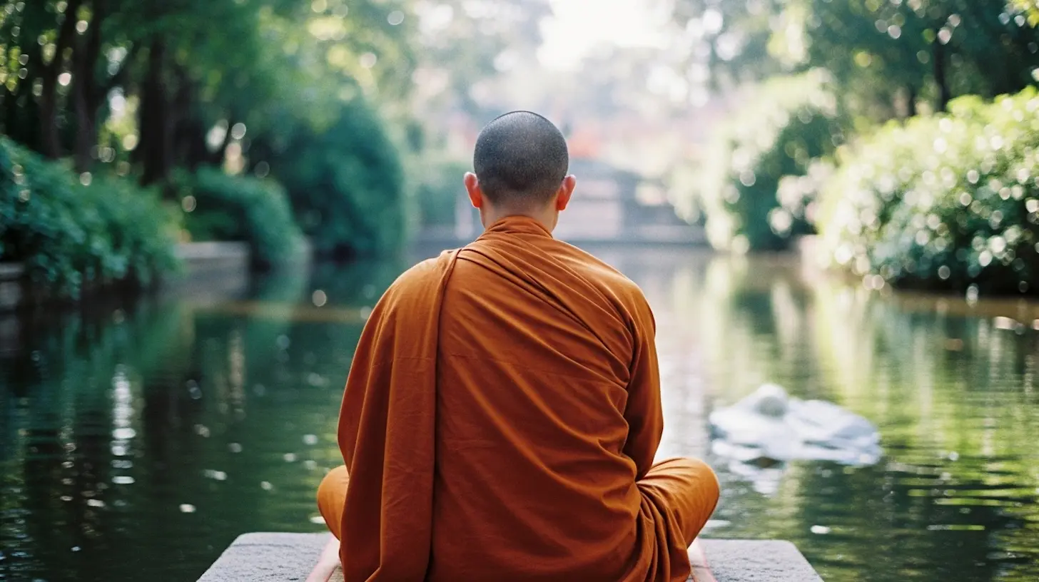 A Buddhist monk in orange robes meditating by a still pond, reflecting the serenity taught in the Metta Sutta
