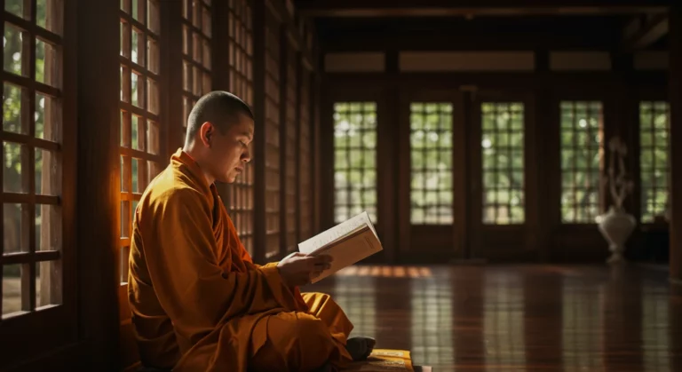 A Buddhist monk in an orange robe reading ancient sutra in traditional temple surrounded by natural light