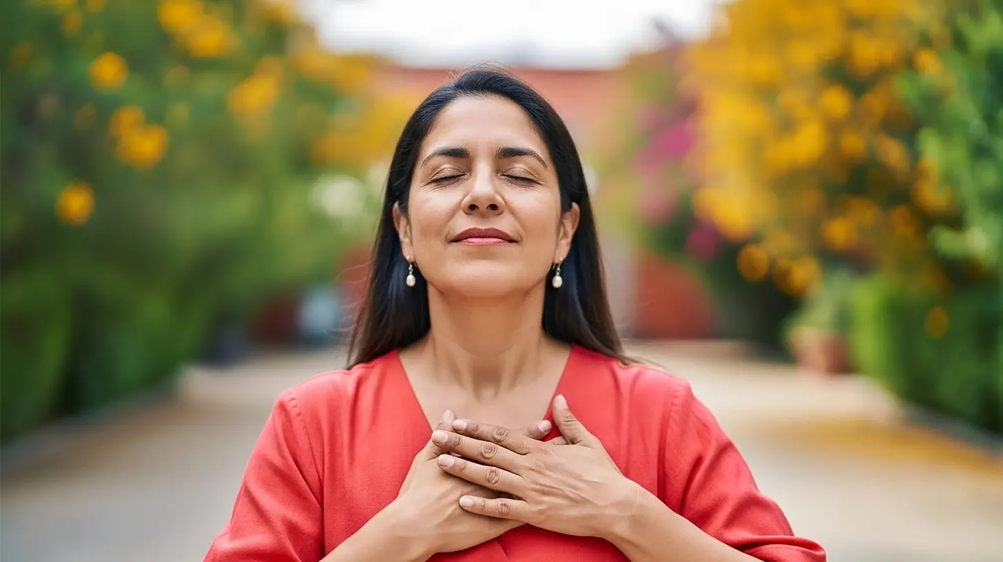 A woman practicing mindfulness with hands on heart, symbolizing the Hear Sutra's compassion and clarity
