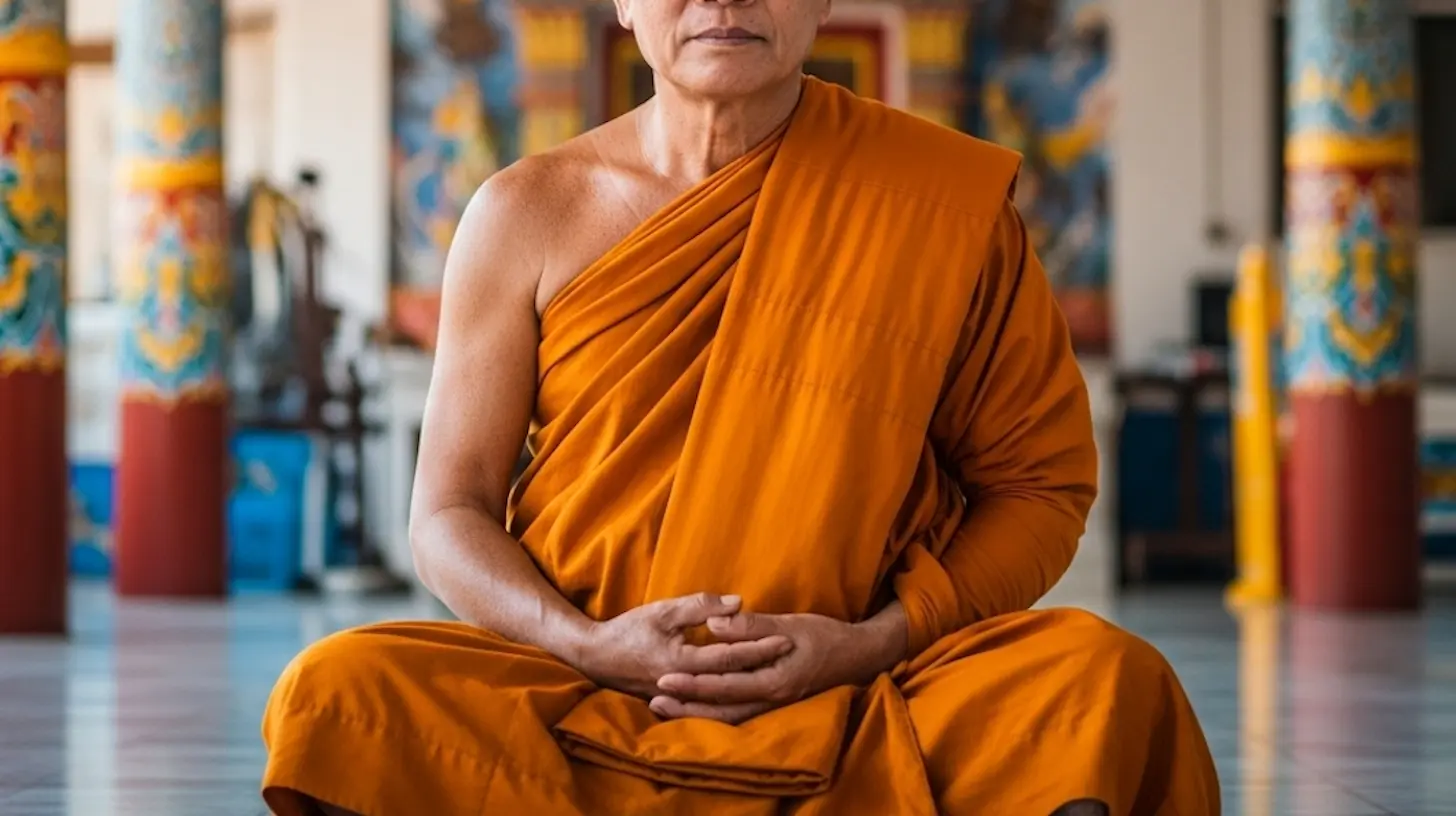 A monk seated in meditation inside a temple, embodying the practice of loving-kindness from the Metta Sutta