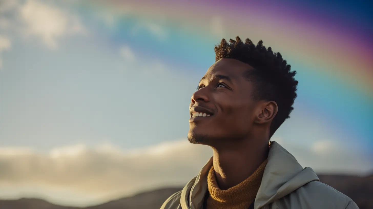 A man smiling while looking up at the rainbow