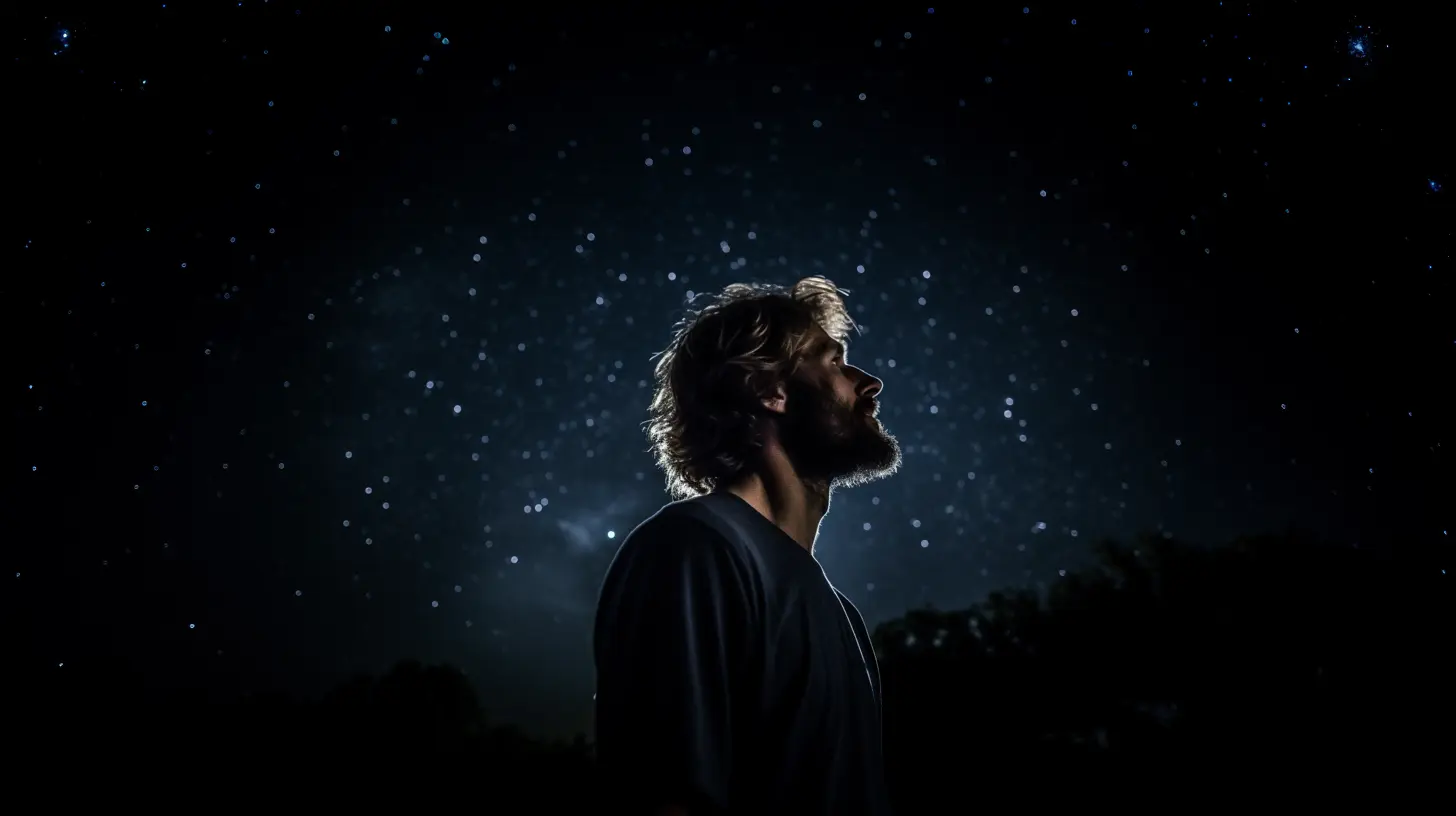A bearded man with tousled hair looks up at a starry night sky, standing in silhouette and reflecting under a cosmic, awe-inspiring backdrop.