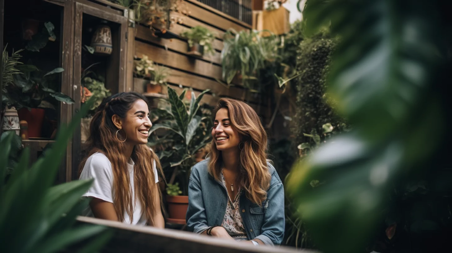 Two women using their interpersonal intelligence during a conversation in a garden