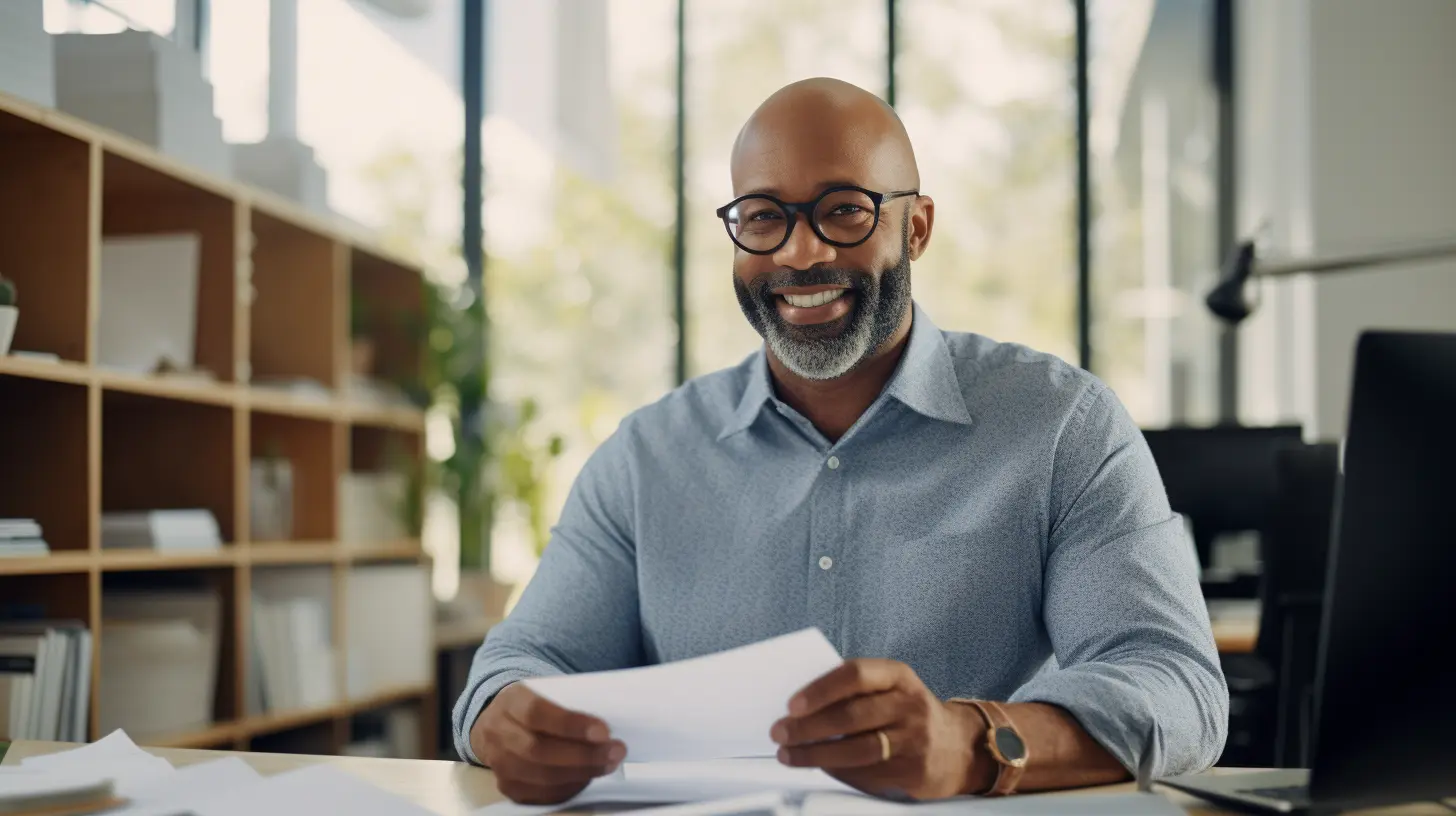 A smiling bald man with glasses and a beard sits at his desk holding papers in a modern office, exuding confidence and professionalism.