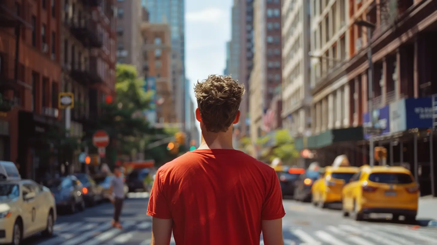 Man in a red shirt exploring the city, representing real-world experiences and practical intelligence.