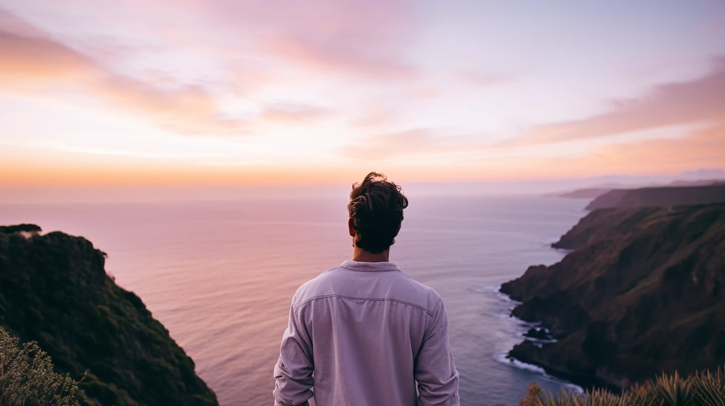 AI-generated image of a man standing at the edge of a cliff doing distance healing