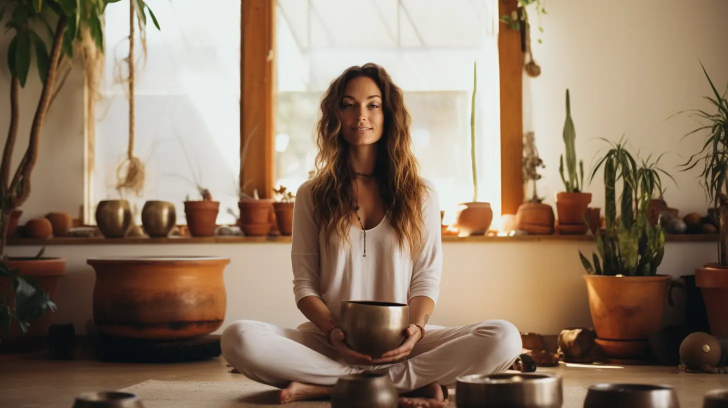 Woman in white clothing sits cross-legged in a peaceful room with plants, holding a singing bowl during a sound healing or meditation practice.