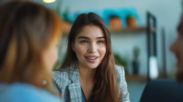 Confident woman practicing assertive communication skills in a discussion.