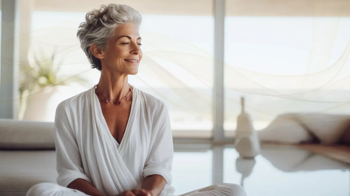 A smiling older woman with short gray hair sits peacefully in a bright, minimalistic space, wearing a white outfit and embracing mindfulness and relaxation.