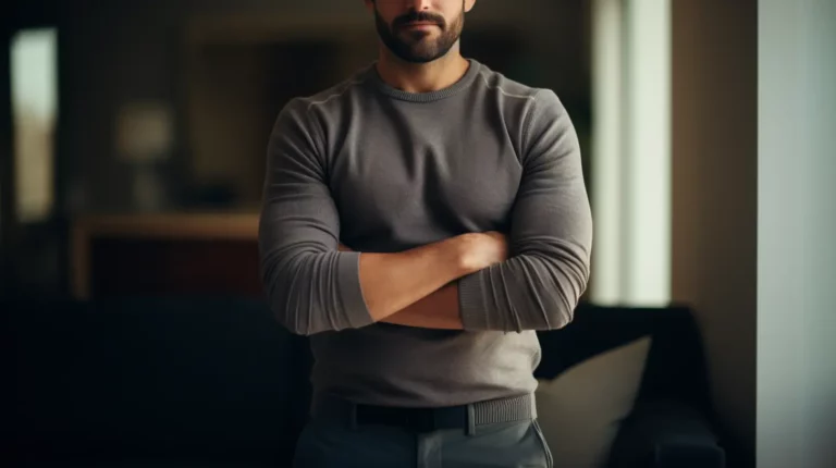 A muscular man in a gray sweater standing with arms crossed in a dimly lit room, feeling negative energy