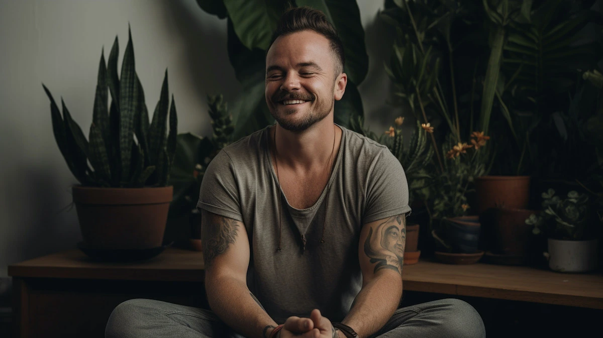 Man meditating in his living room with plants nearby