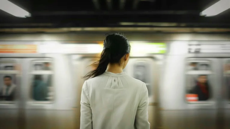 Commuter woman waiting for subway train in urban metro station environment.