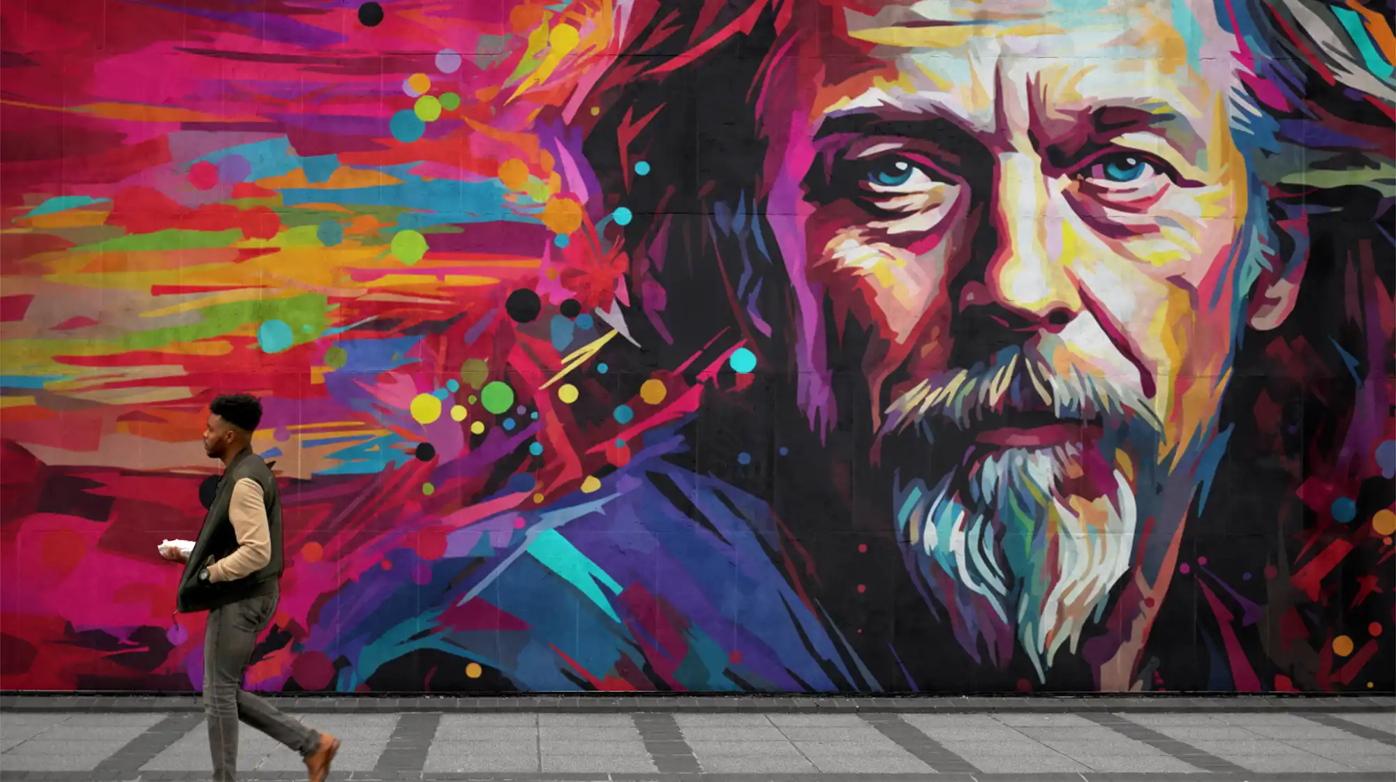 A man walks past a colorful street mural of philosopher Alan Watts, featuring his bearded face painted in bold, abstract strokes on a city wall.