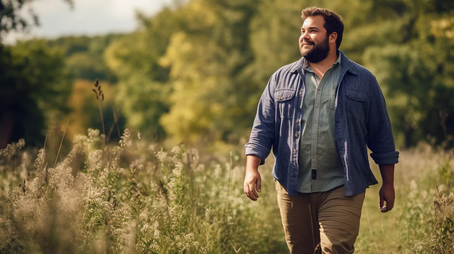 A happy endomorph male body type walking outdoors in nature