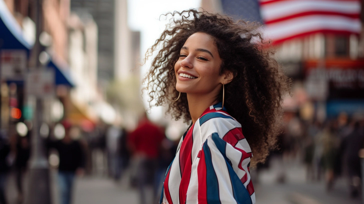 Woman standing on a street in New York City with the American flag in the background