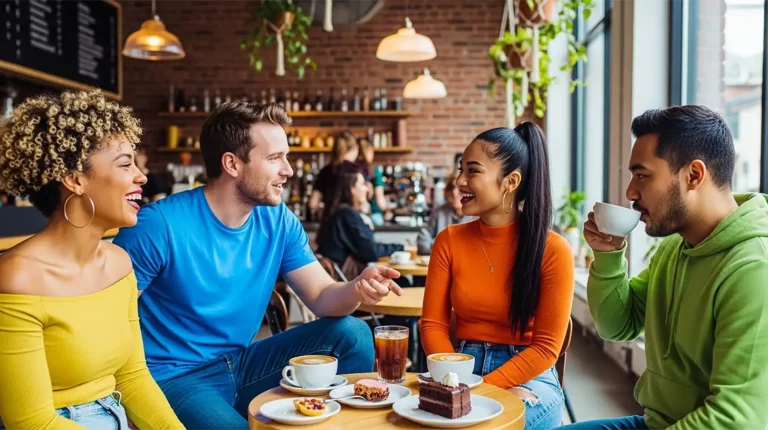A group of friends sitting at a cafe and working on their circle of influence