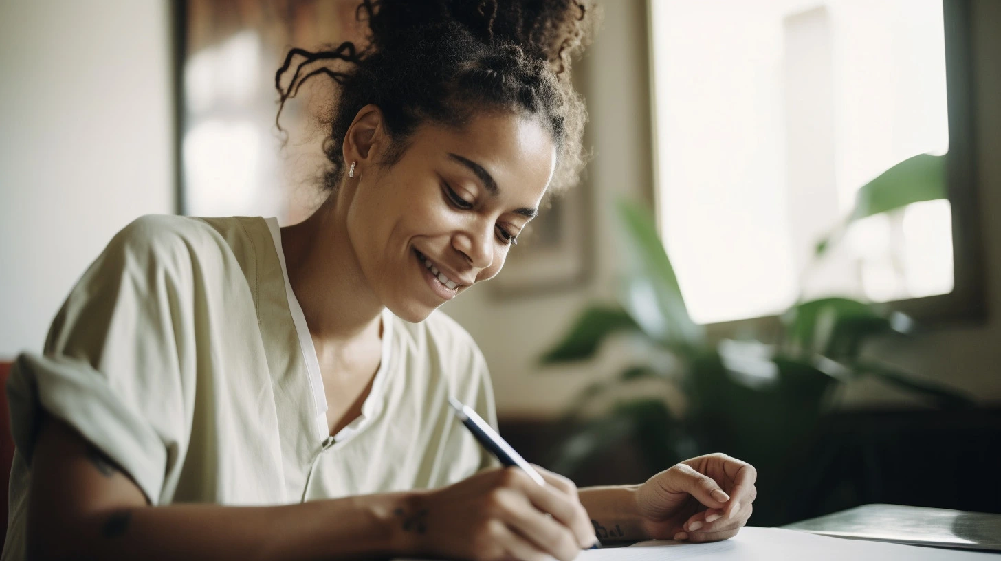 Woman using goal-setting templates to write down her goals in a journal