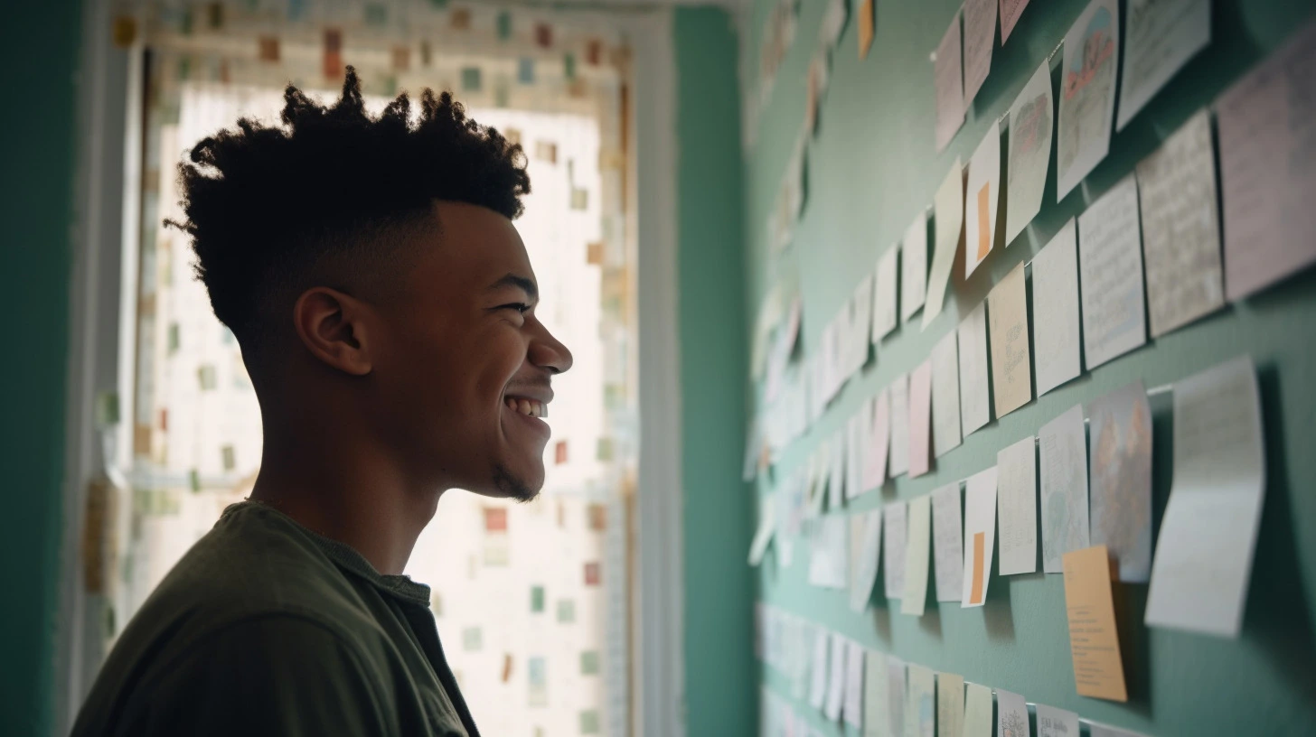 Man looking at a vision board, which is one of many goal-setting templates