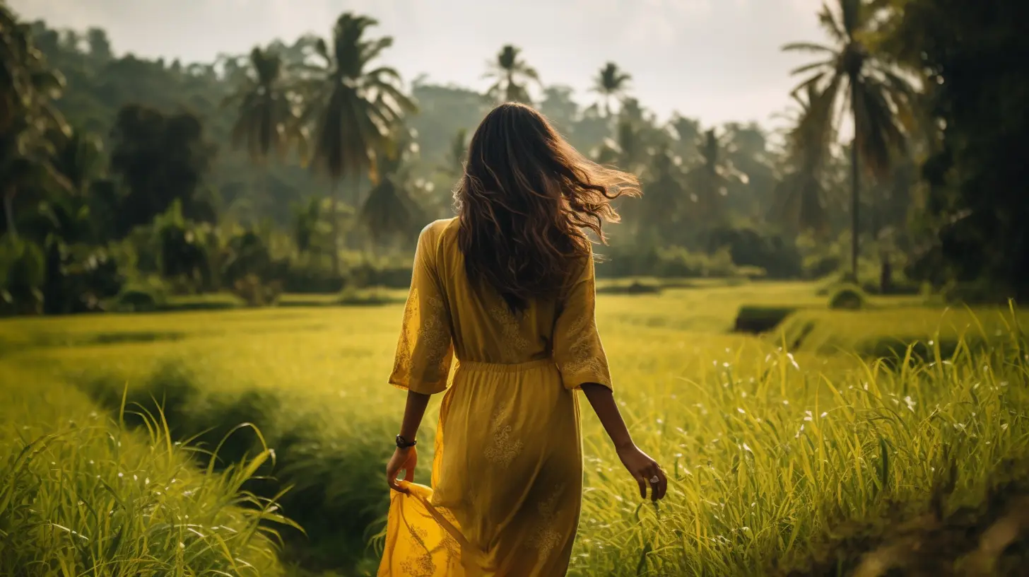 Woman in a flowing yellow dress walks through a lush green rice field at sunset, surrounded by palm trees and tropical landscape, embracing nature and serenity.