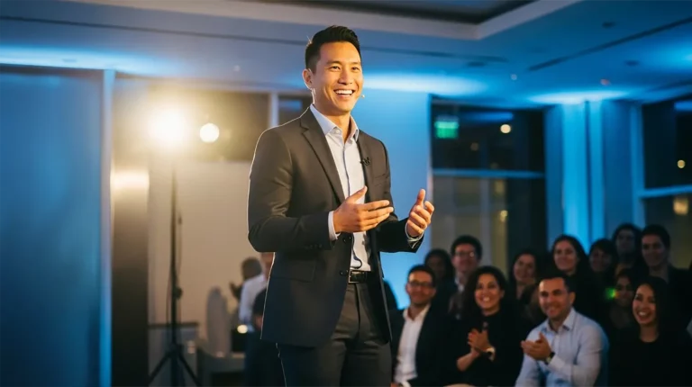 A man on stage presenting and using public speaking tips to keep calm and be engaging