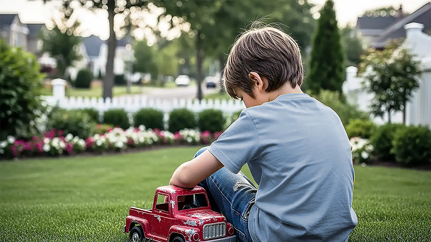 A boy sitting in the yard with his toy truck due to neglectful parenting