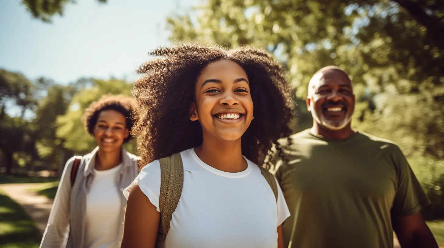 Confident Gen Z young woman with a backpack walking outdoors with her parents, challenging snowflake generation stereotypes.