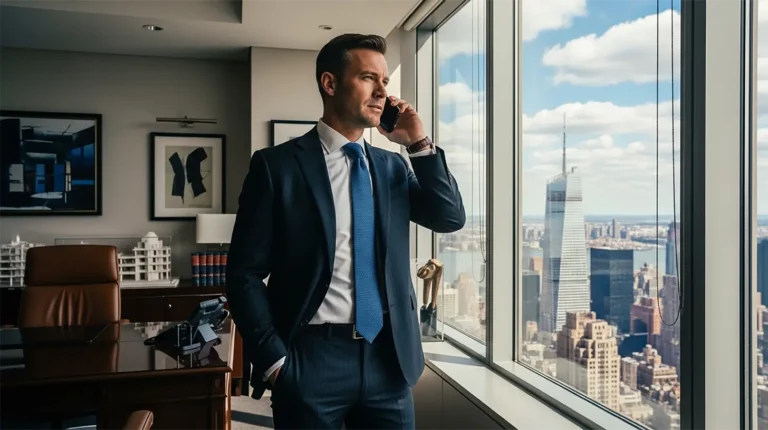 A man on the phone discussing business deals, led by his extrinsic motivation for success