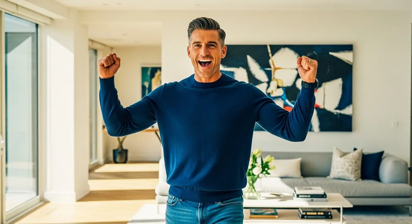 A man celebrating success with raised fists in a bright living room, symbolizing motivation, confidence, and positive energy