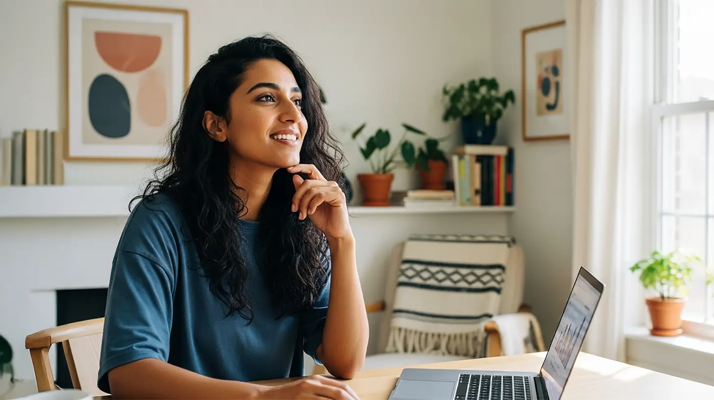 A woman using critical thinking while sitting at her desk