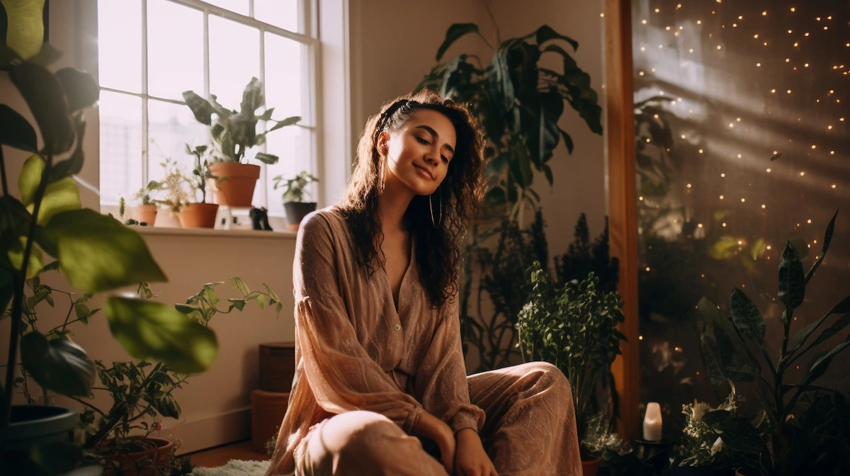 Woman practicing chakra meditation in a living room