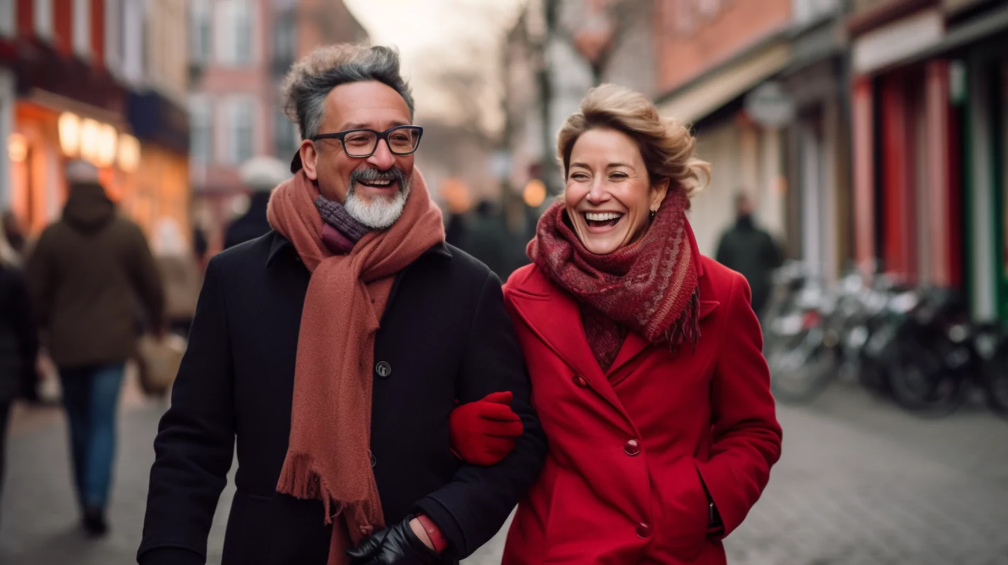 A happy couple walking through the streets as away to show examples of virtues