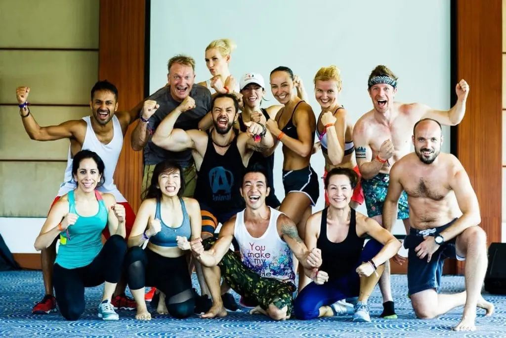 Ronan Oliveira, Head of Health & Fitness at Mindvalley, training tribe members at A-Fest 2018 in Bali