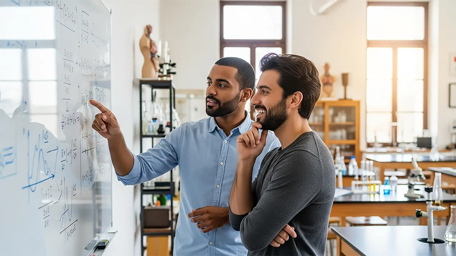 Two people using left-brain characteristics and looking at a whiteboard