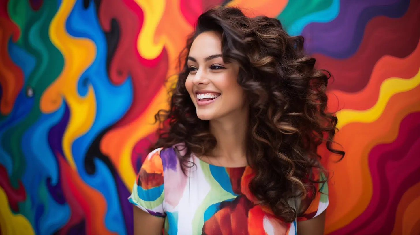A happy woman standing in front of a colorful wall