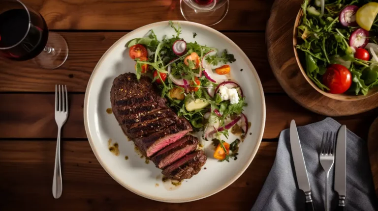 A plate with a steak and salad on a wood table