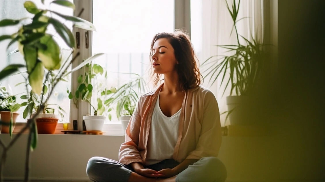 AI生成图像 一个女人与附近植物静默