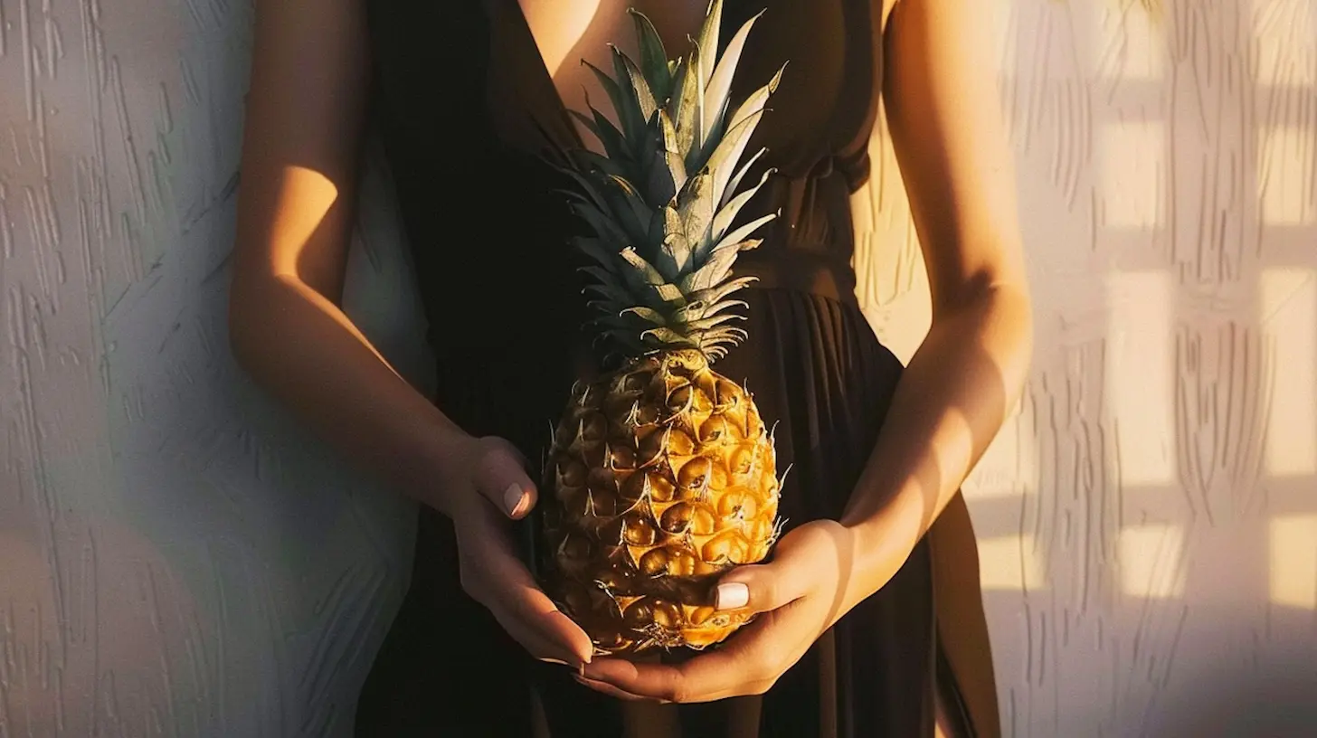 Close-up of a person holding a ripe pineapple, illuminated by warm sunlight.