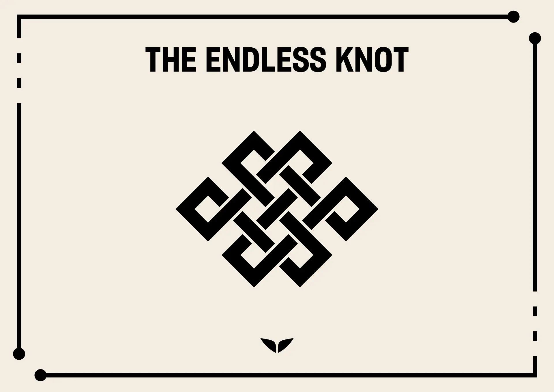 A black-and-white illustration of the endless knot, a Buddhist symbol representing interconnectedness, eternity, and the cycle of life and wisdom.
