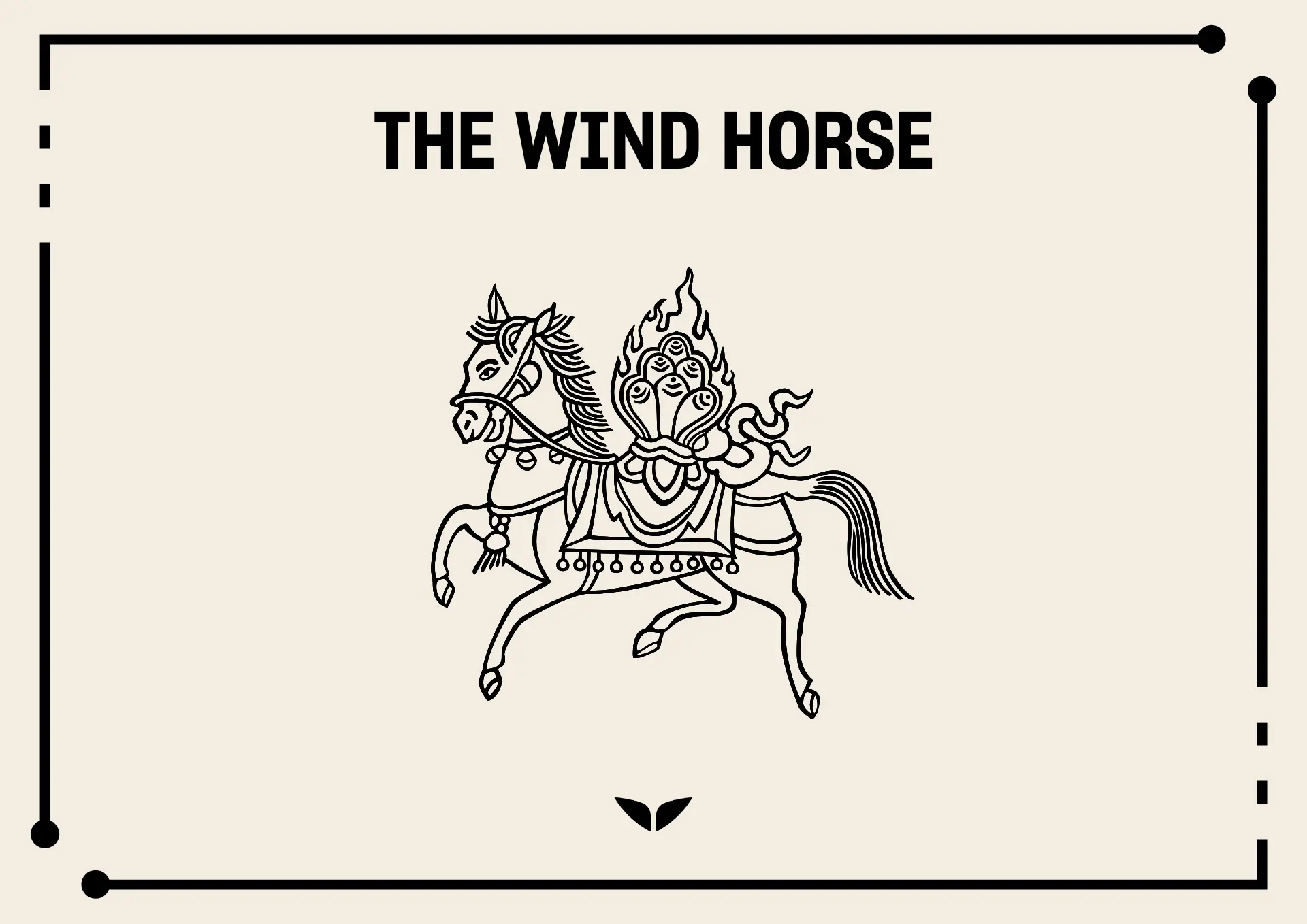 A detailed black-and-white illustration of the Wind Horse, or Lungta, a Tibetan spiritual symbol representing good fortune, energy, and positive transformation.