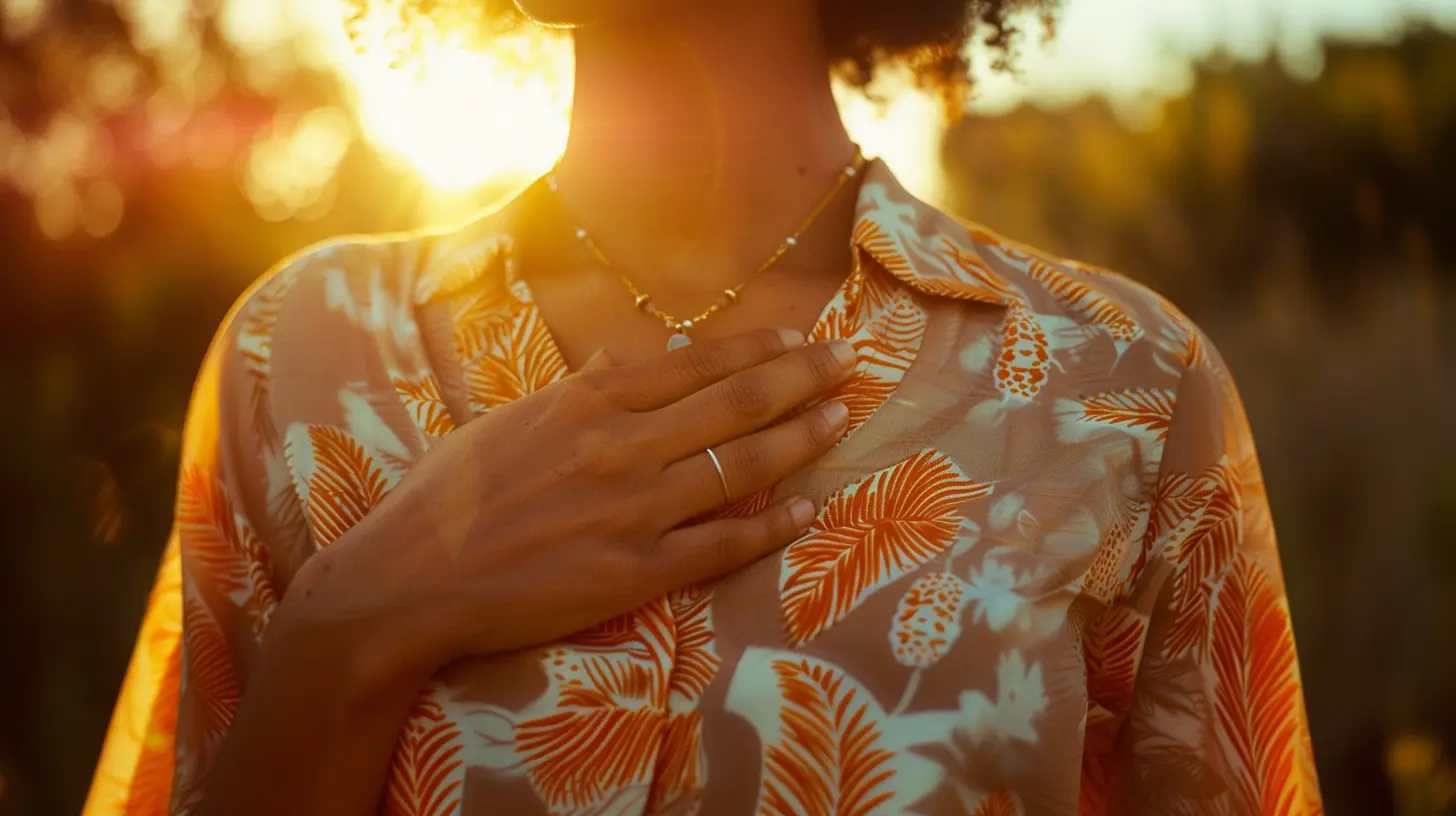 A woman with her hand on her chest to get in tune with her women's intuition