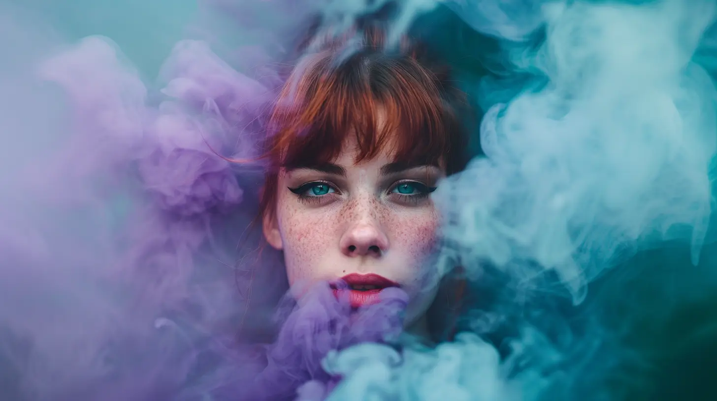 A woman surrounded by turquoise and purple smoke