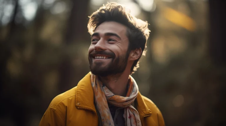 Man smiling and looking up into the sky in a moment of spiritual awakening