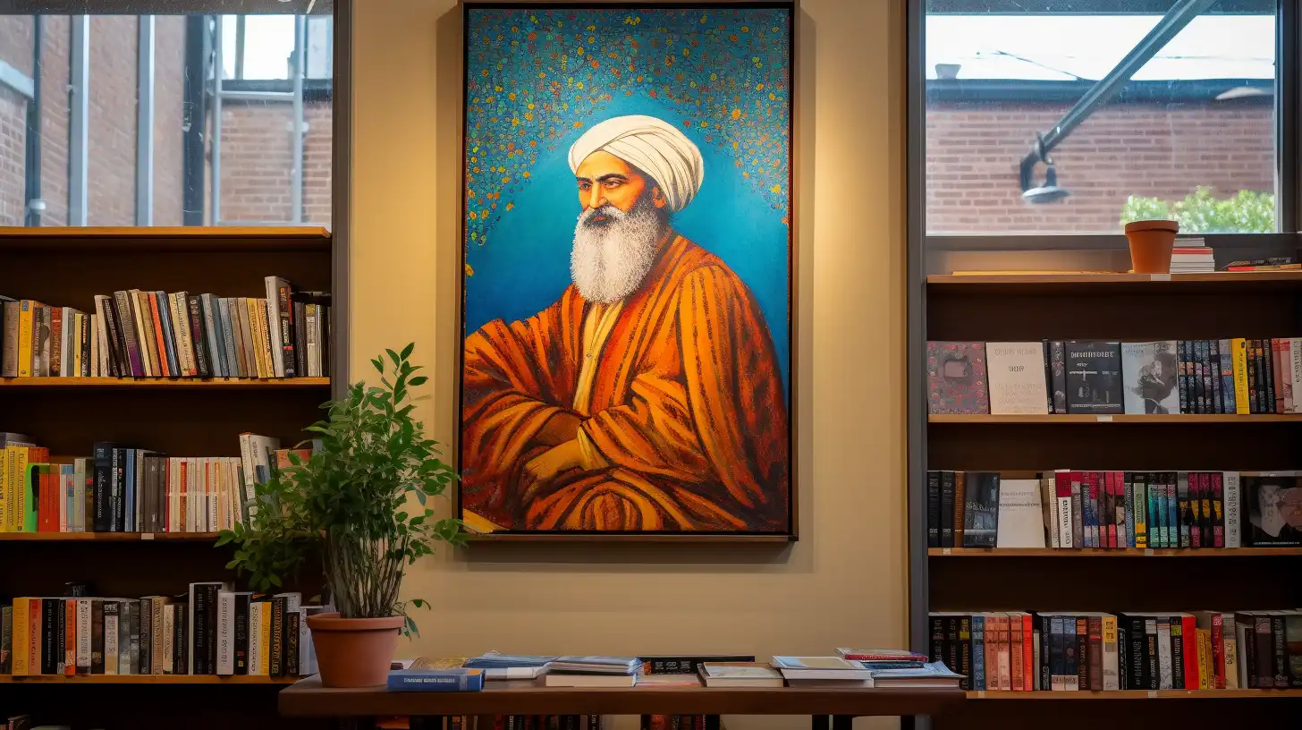An abstract poster of Persian poet in a bookstore